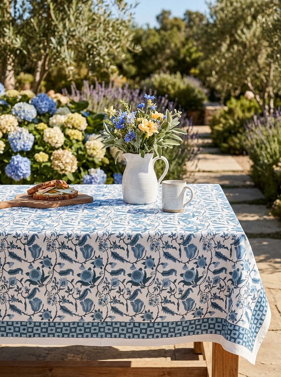 Hand Printed Cloth 170 x 300 cms Table Cloth Cotton Blue M/L