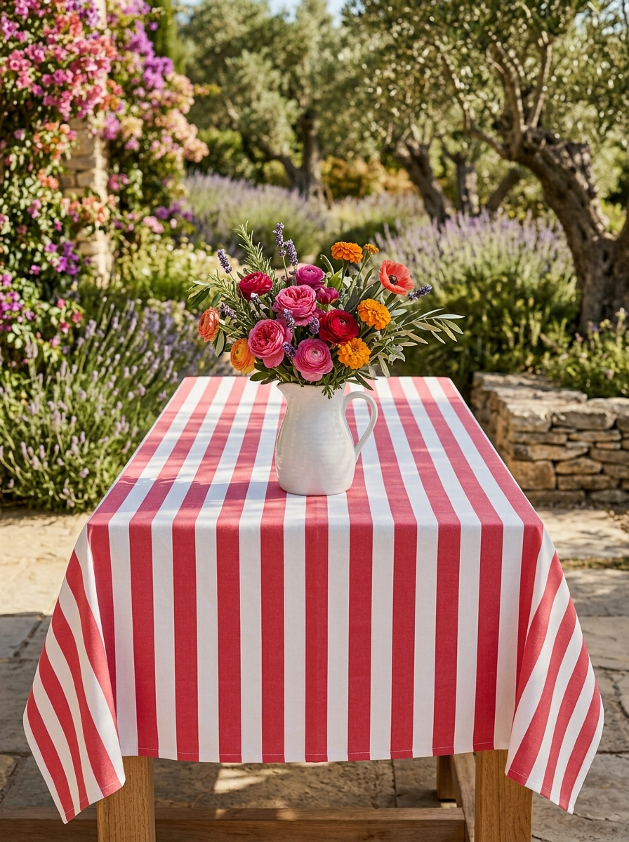 Broad Stripe Cloth 150 x 225 cms Table Cloth Cotton Coral Red S/M