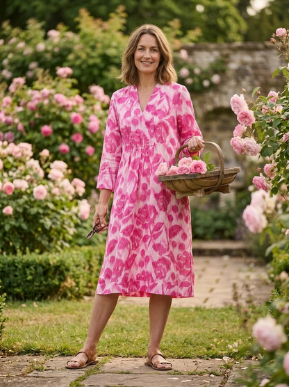 Ikat Rose Picot Midi Dress Linen Pink
