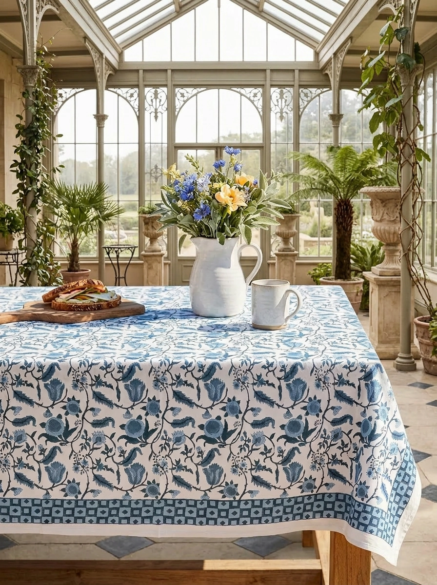 Hand Printed Cloth 150  x 225 cms Table Cloth  Cotton Blue S/M
