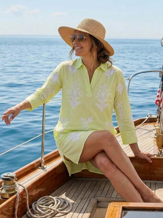 Short Tourist Dress Lime with White Embroidery Cotton