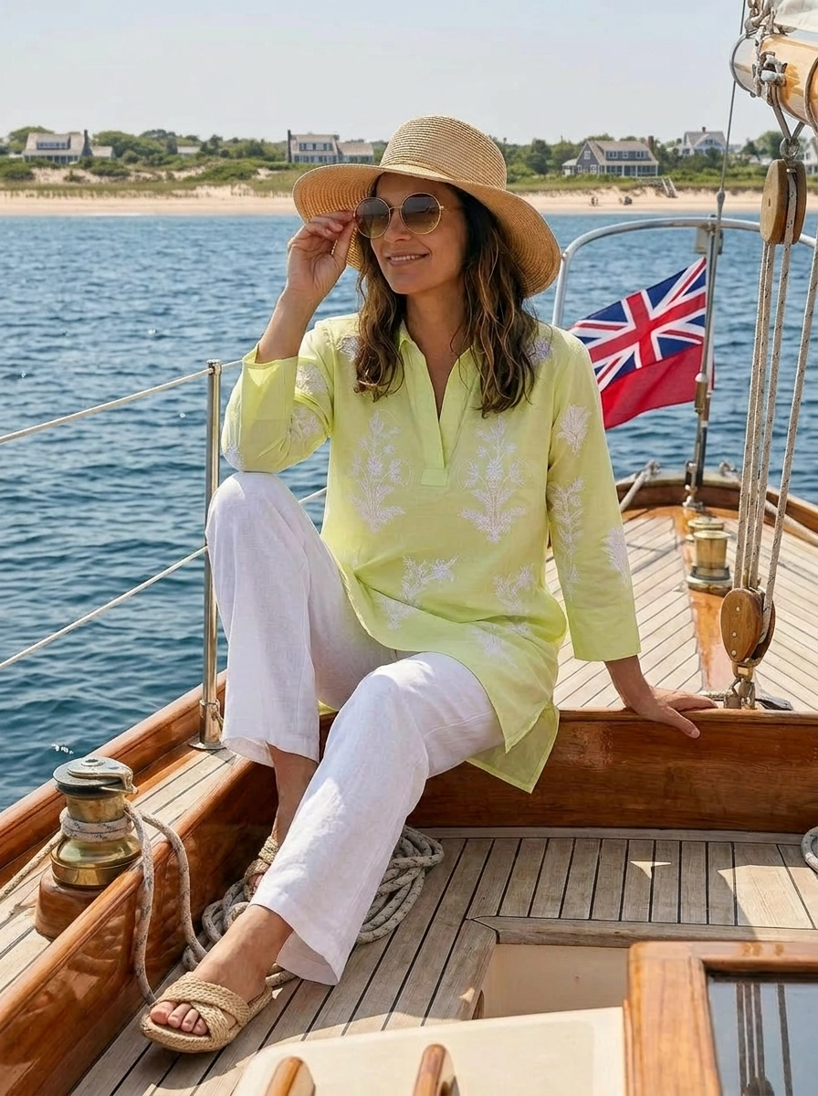 Short Tourist Dress Lime with White Embroidery Cotton