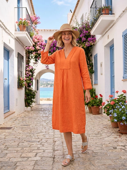 Picot Midi Dress Linen - Satsuma