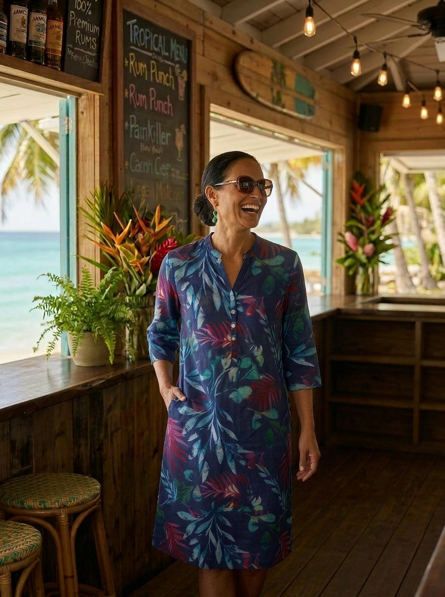 Leafy Tropic Tunic Dress - Navy Blue
