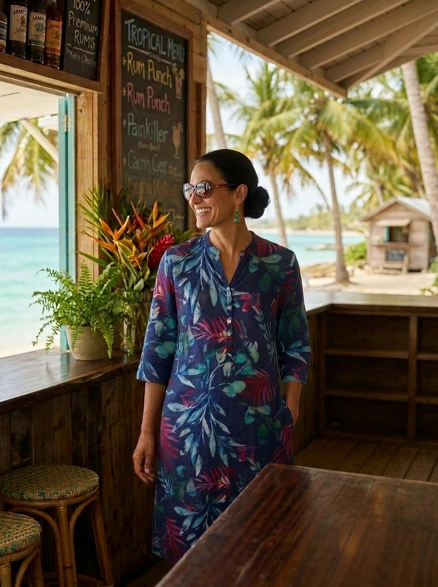 Leafy Tropic Tunic Dress - Navy Blue