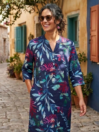 Leafy Tropic Tunic Dress - Navy Blue