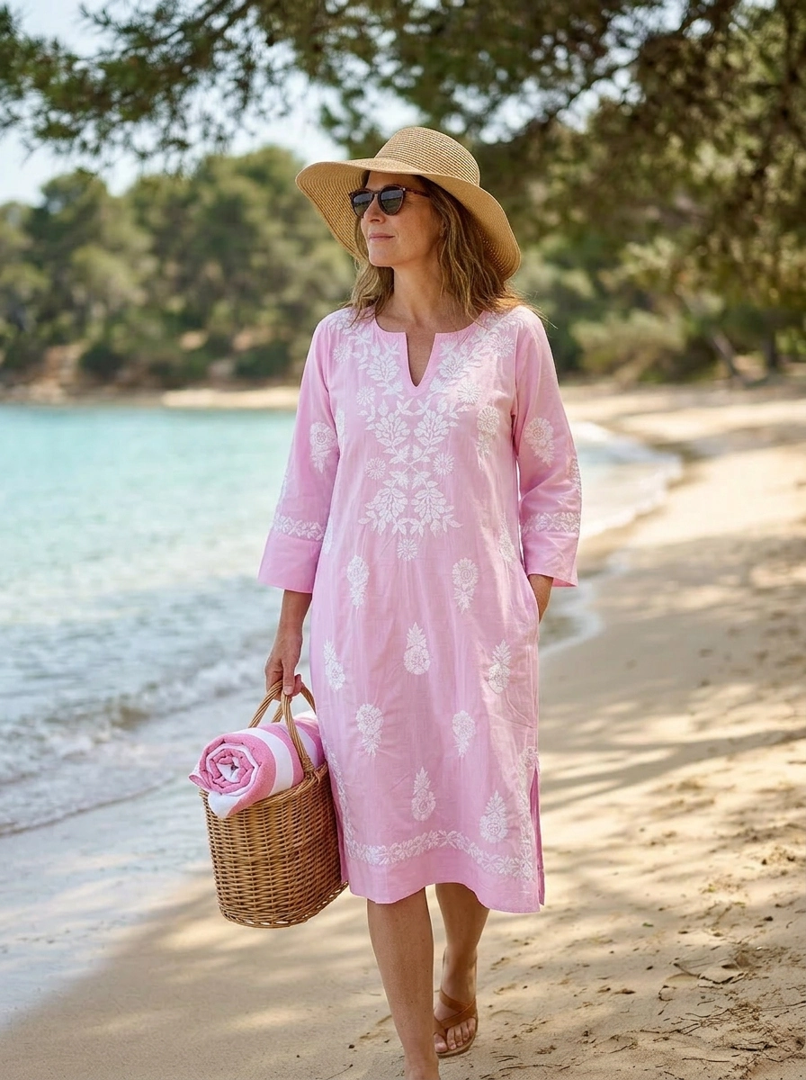Pink Harriet Dress with White Hand Embroidery