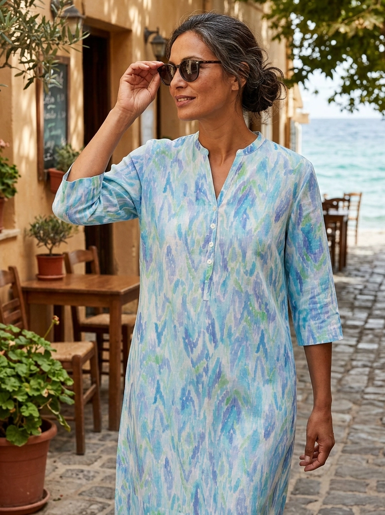 Seaside Ikat Linen Tunic Dress - Aqua