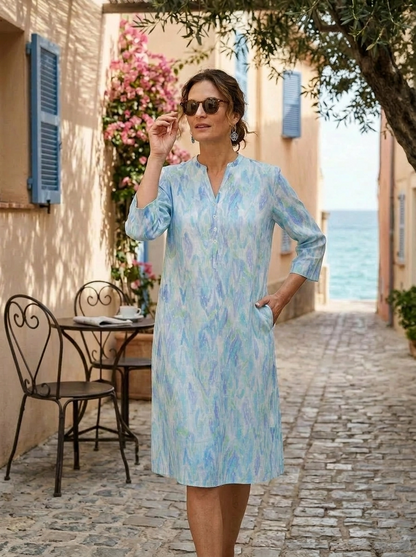 Seaside Ikat Linen Tunic Dress - Aqua