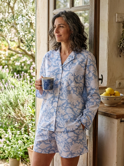 Hand Block Printed Cotton Shorts PJ Set Cotton De Nimes Blue