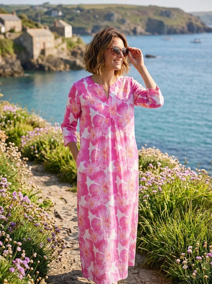Life Style Pink Oleander Print Linen Maxi Dress - Pink