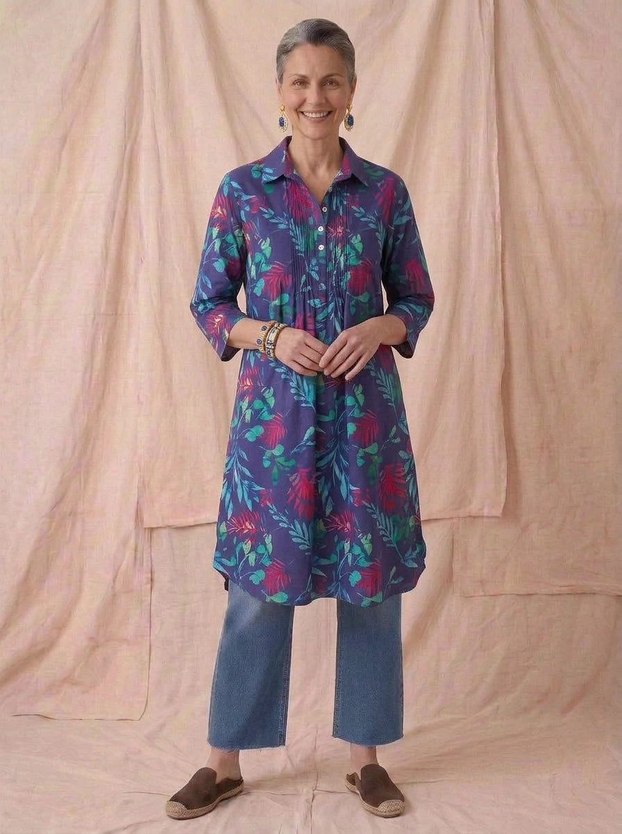 Tropical Leaf Shirt Tail Tunic Dress - Purple
