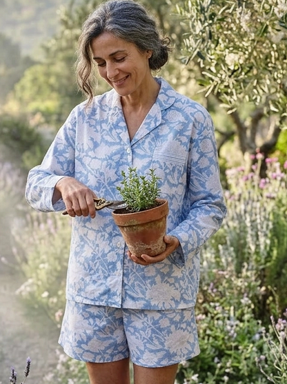 Hand Block Printed Cotton Shorts PJ Set Cotton De Nimes Blue