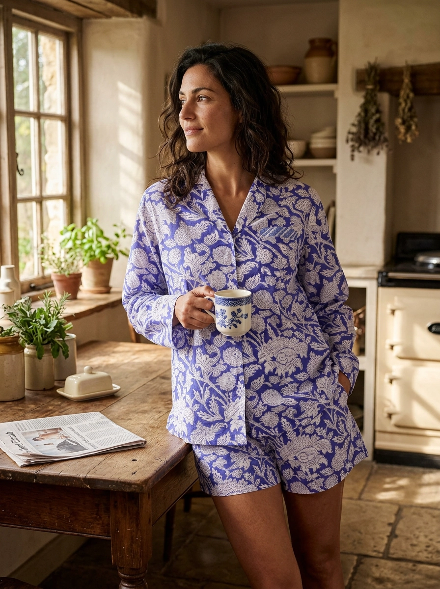 Hand Block Printed Cotton PJ Shorts set - China Blue
