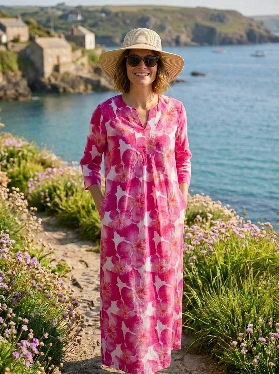Life Style Pink Oleander Print Linen Maxi Dress - Pink