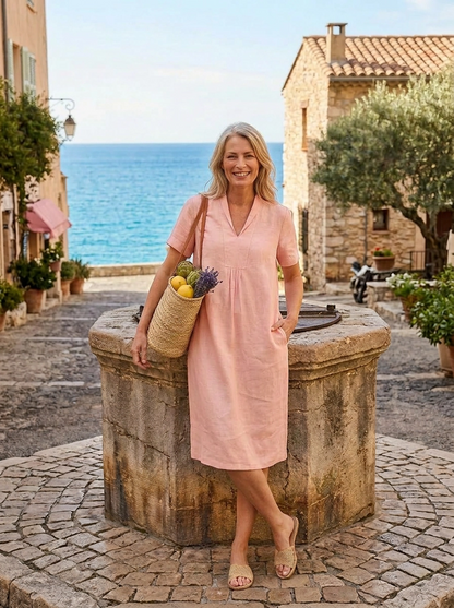 Elodie Short Sleeve Midi Dress Linen - Shell Pink