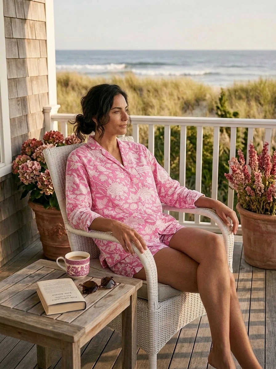 Hand Printed Shorts Set Pyjamas - Hibiscus Pink