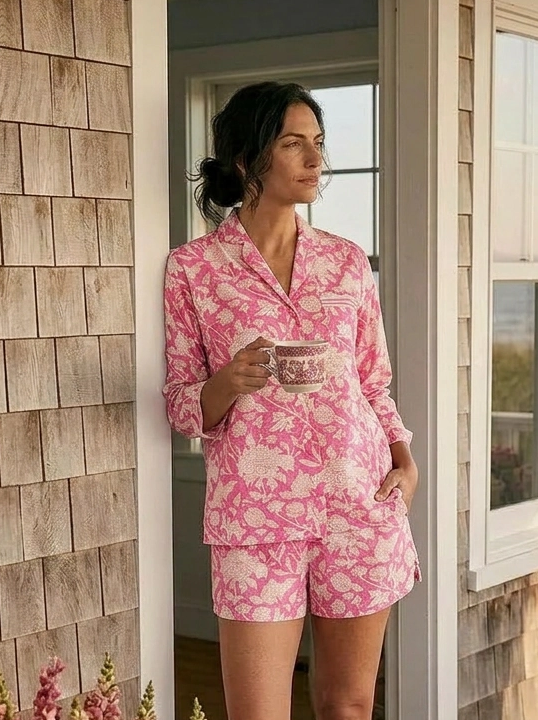 Hand Printed Shorts Set Pyjamas - Hibiscus Pink