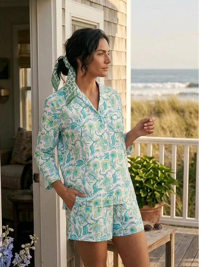 Hand Block Printed Cotton PJ Shorts set - Apple Green