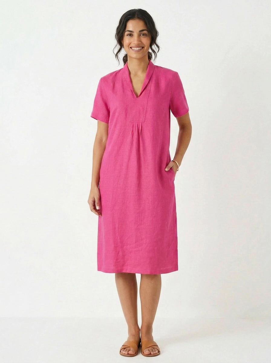 Elodie Short Sleeve Midi Dress Linen - Peony Pink