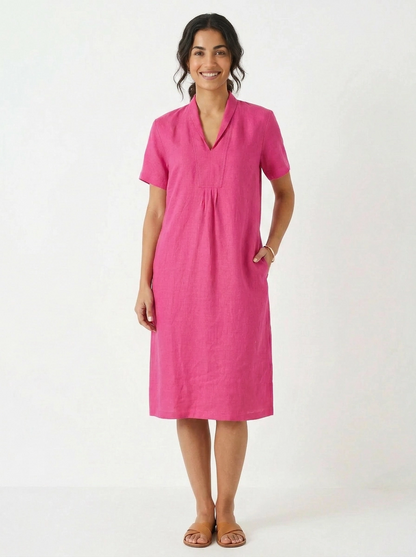 Elodie Short Sleeve Midi Dress Linen - Peony Pink