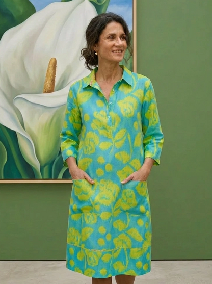 Up Town Linen Shirt Dress - Ikat Rose - Lime