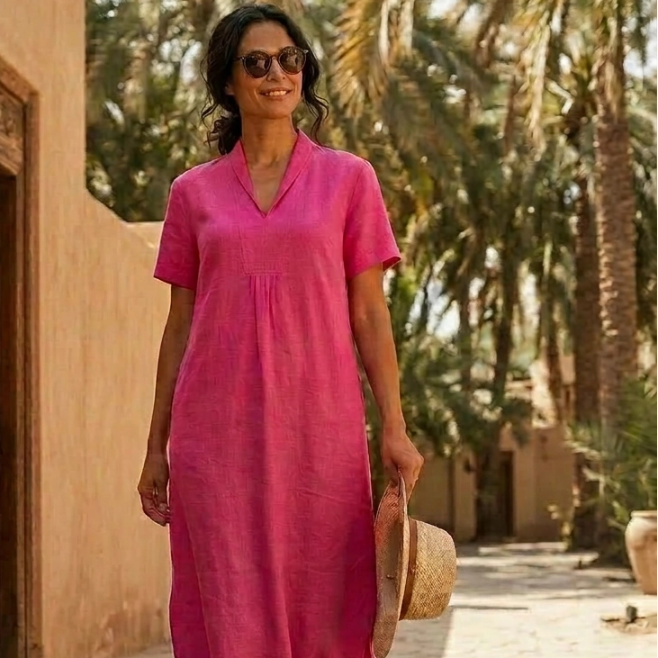 Elodie Short Sleeve Midi Dress Linen - Peony Pink