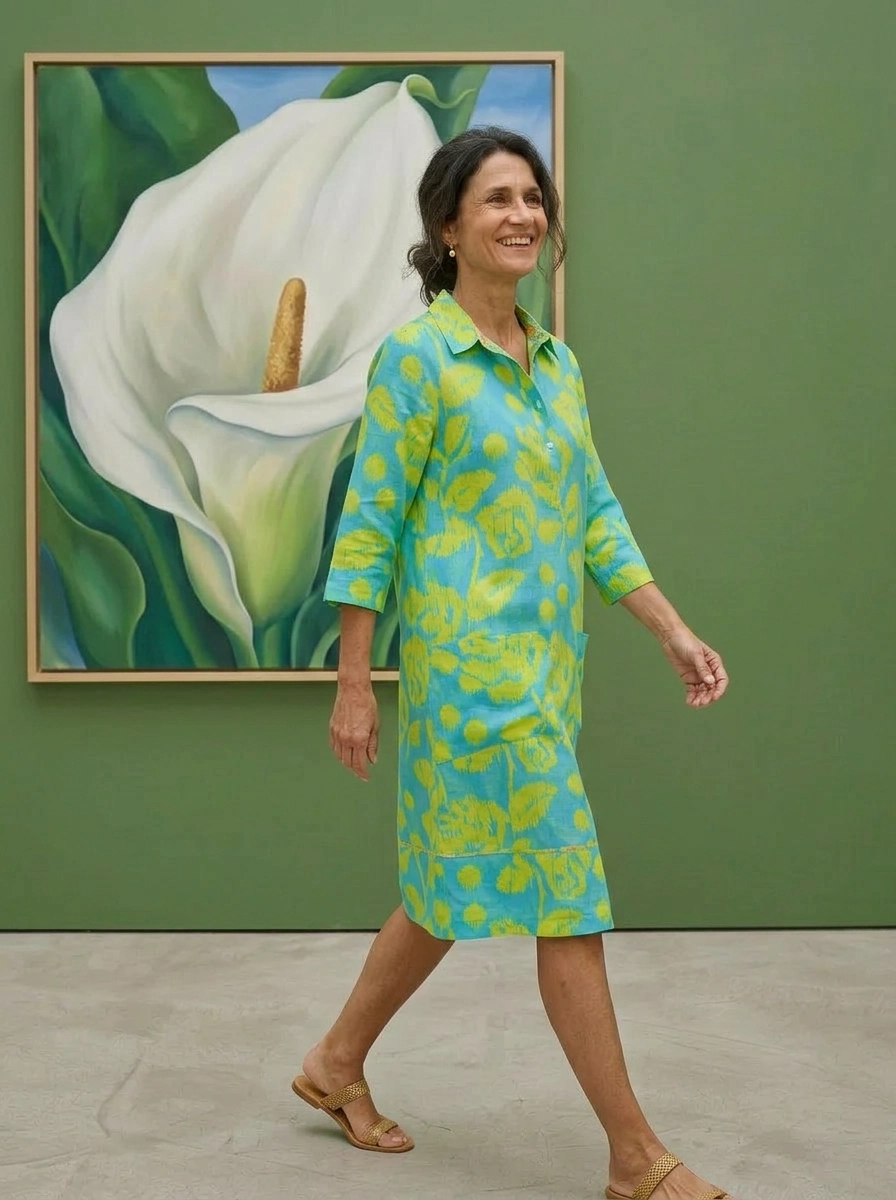Up Town Linen Shirt Dress - Ikat Rose - Lime