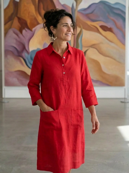 Up Town Linen Shirt Dress - Rich Red