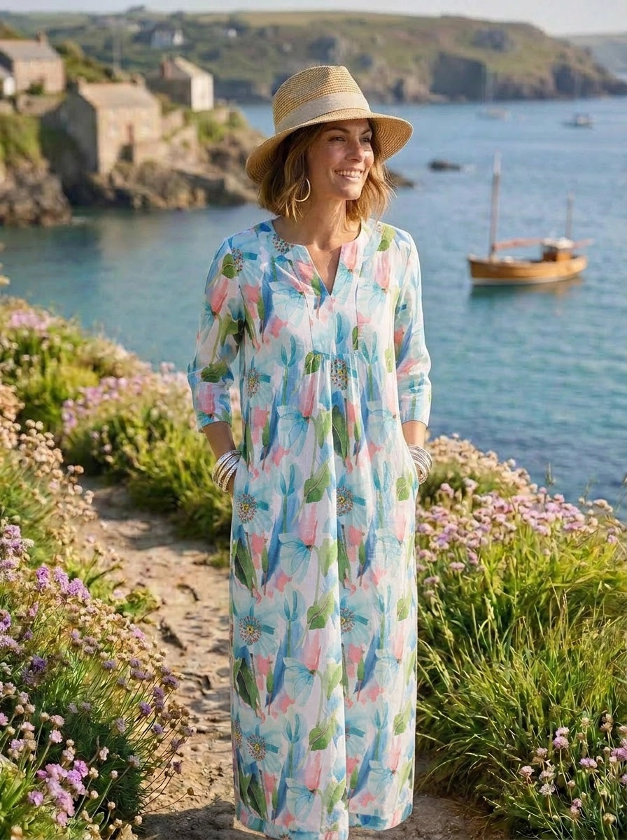 Life Style Tulip Print Maxi Dress Linen - Blue