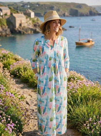 Life Style Tulip Print Maxi Dress Linen - Blue