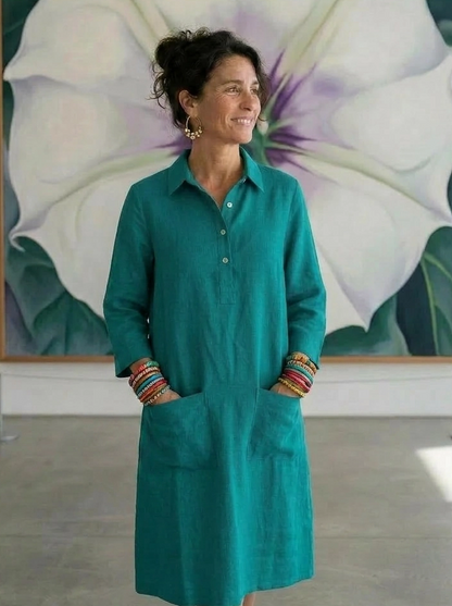 Up Town Linen Shirt Dress - Peacock