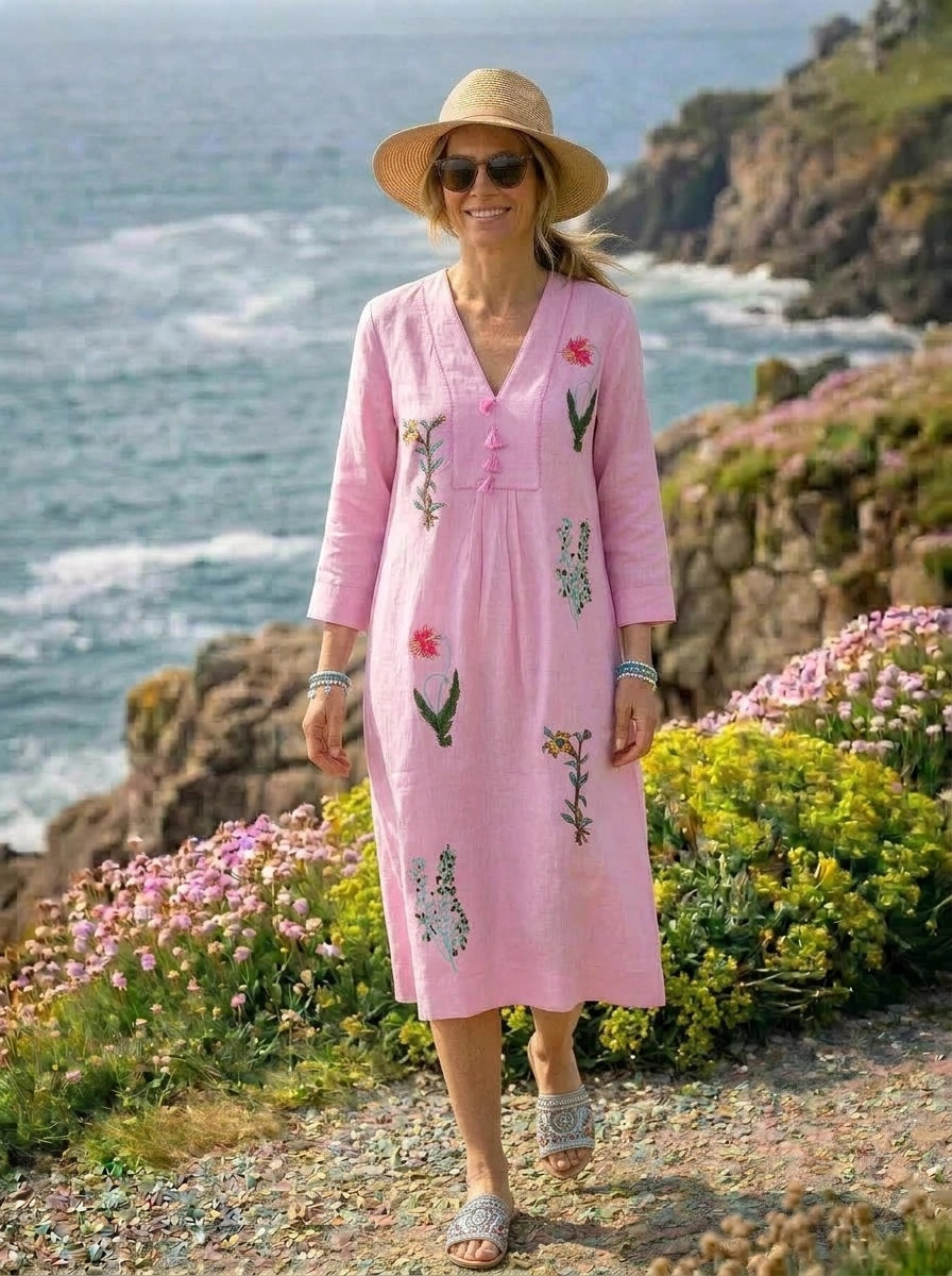 Botanical Embroidered Linen Picot Midi Dress-Shell Pink
