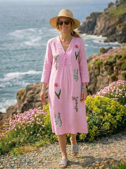 Botanical Embroidered Linen Picot Midi Dress-Shell Pink
