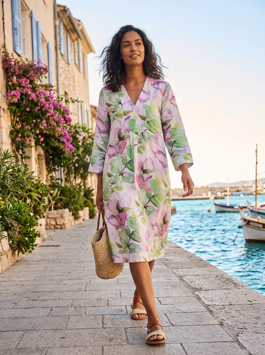 Water Melon Print Picot Dress Linen Multi