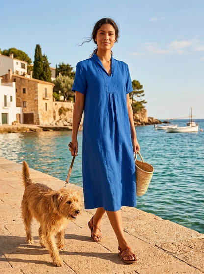 Elodie Short Sleeve Midi Dress Linen - Summer Blue