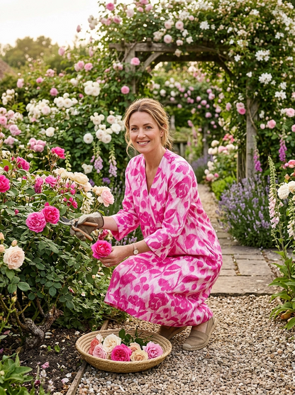 Ikat Rose Picot Midi Dress Linen Pink