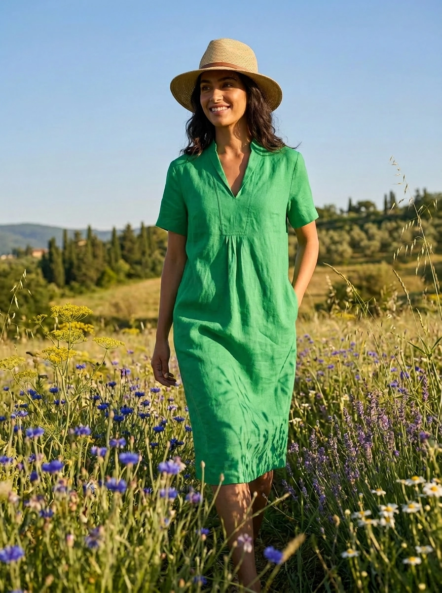 Elodie Short Sleeve Midi Dress Linen - Lime Green