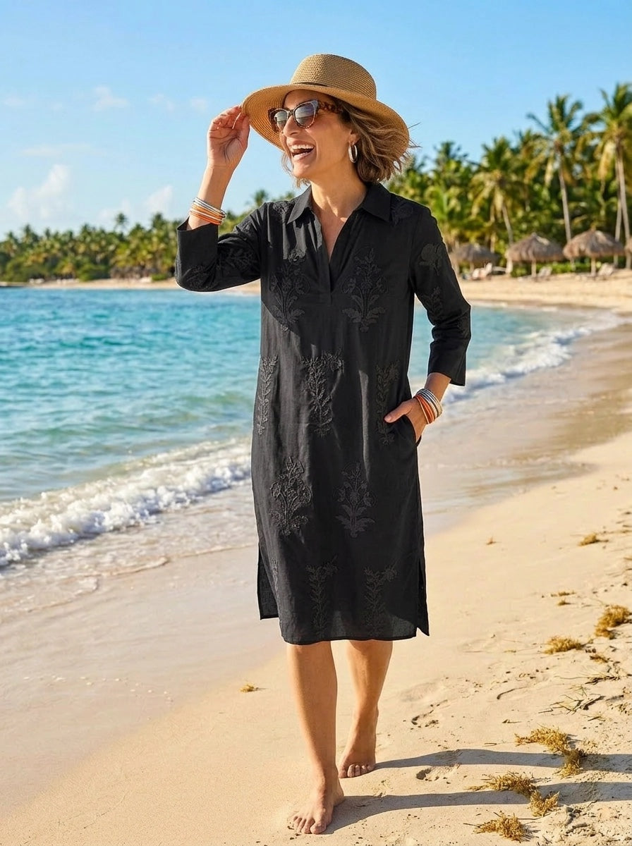 Long Tourist Dress Black with Black Embroidery