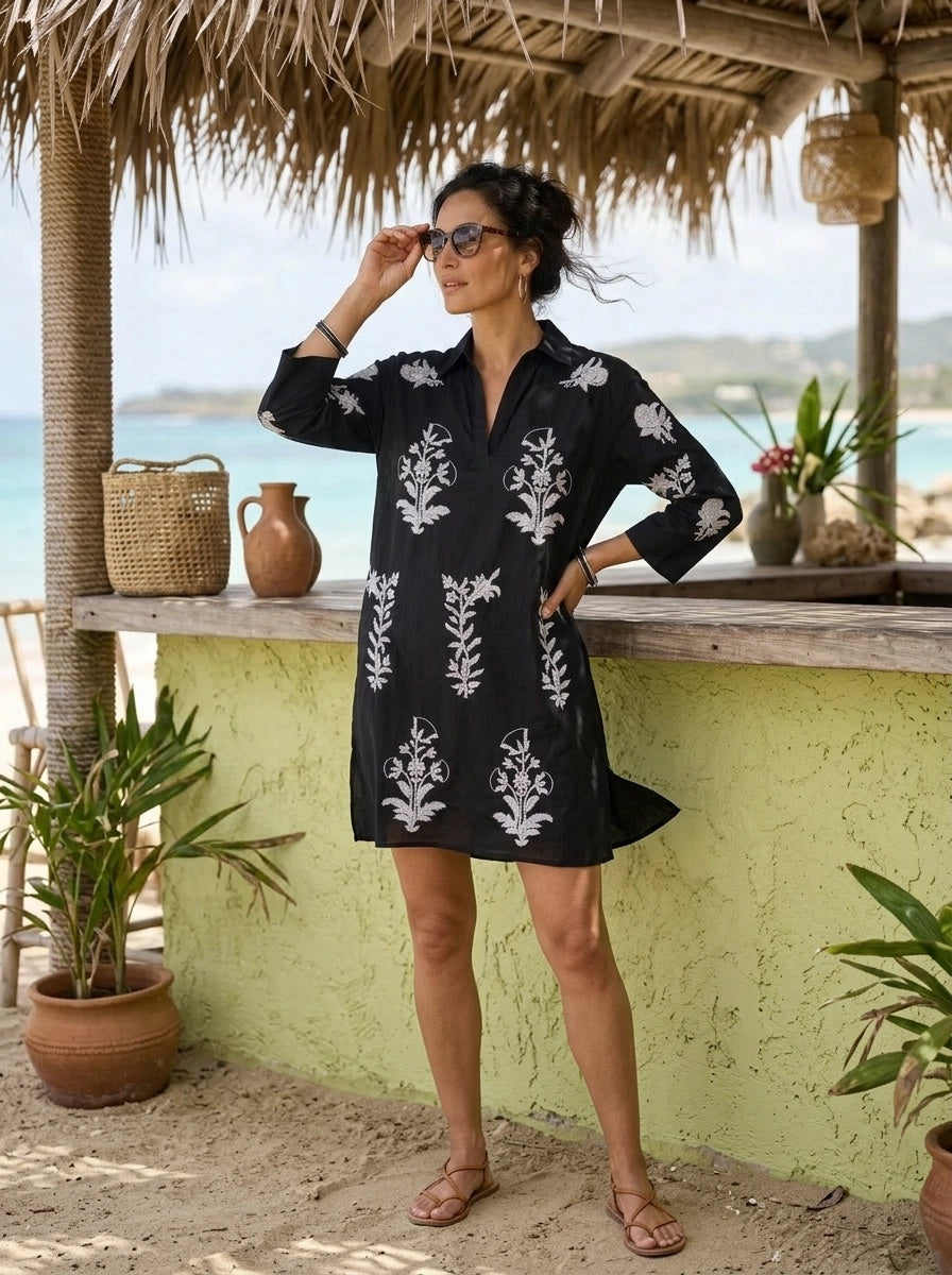 Short Tourist Dress with White Embroidery Cotton Black