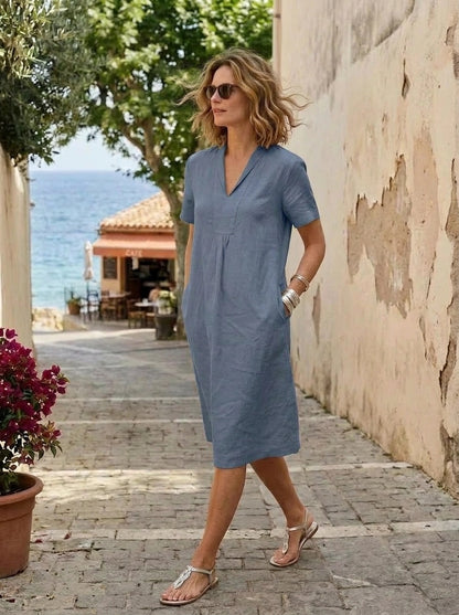 Elodie Short Sleeve Tunic Dress Linen - Dusky  Blue