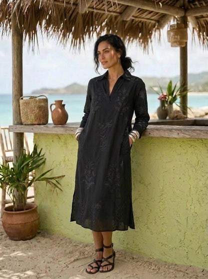 Long Tourist Dress Black with Black Embroidery