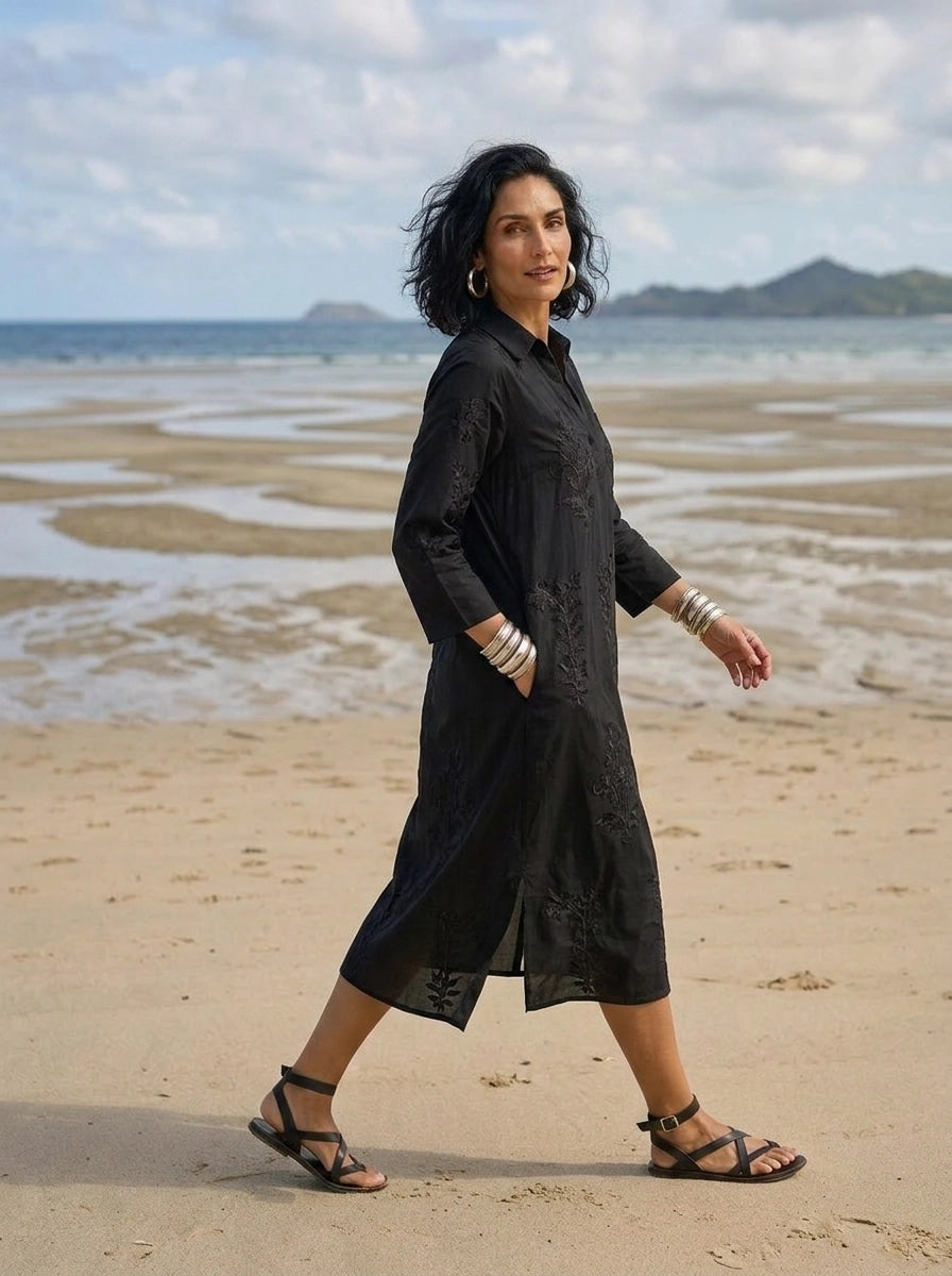 Long Tourist Dress Black with Black Embroidery