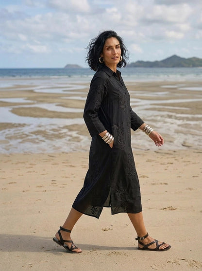 Long Tourist Dress Black with Black Embroidery