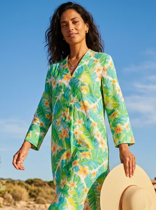Honolulu Print Picot Dress Linen Multi