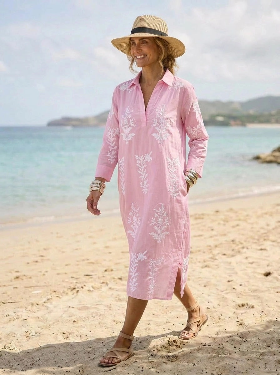 Long Tourist Dress Pale Pink with White Embroidery Cotton