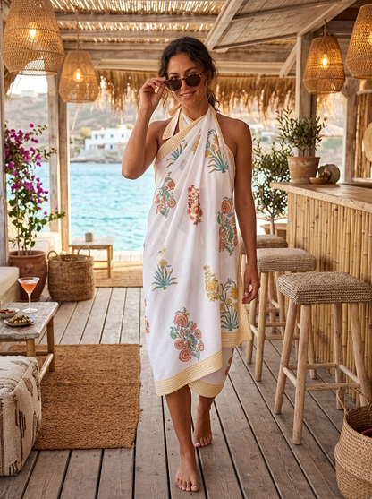 Island Flower Sarong Cotton Yellow One Size