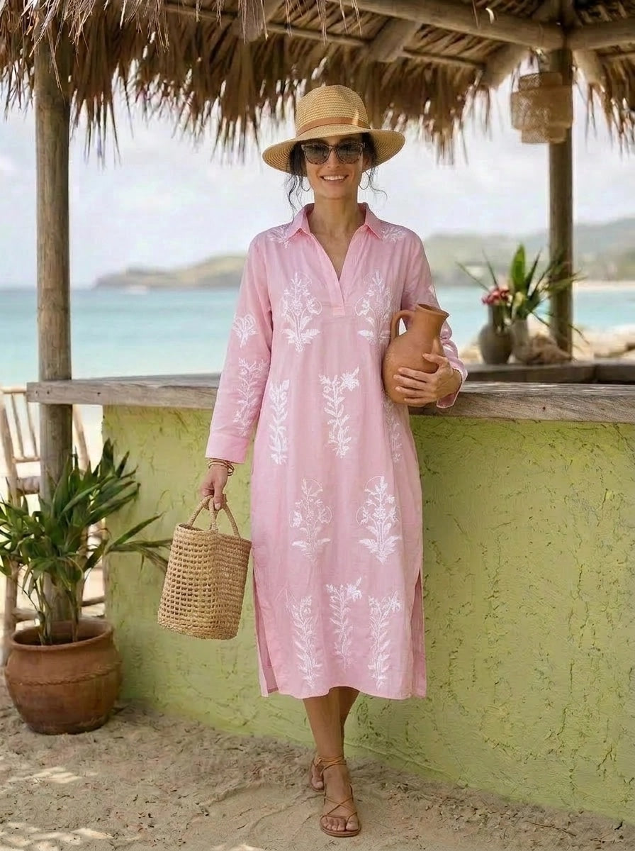 Long Tourist Dress Pale Pink with White Embroidery Cotton