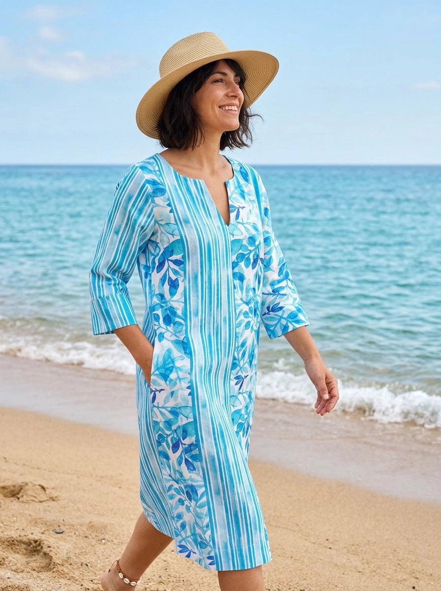 Zen Waterfall Panel Print Tunic Dress - Linen - Mid Blue
