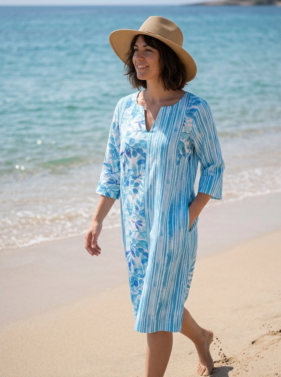 Zen Waterfall Panel Print Tunic Dress - Linen - Mid Blue